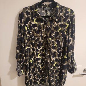 Eloquii Size 16 Neon Green, Olive, and Black Leopard Print Button Down Shirt